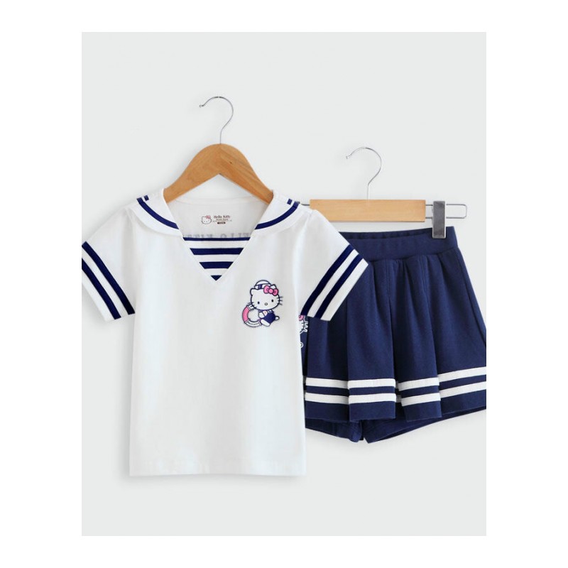 童装夏装2018新款儿童洋气衣服女童时尚韩版运动套装米白色