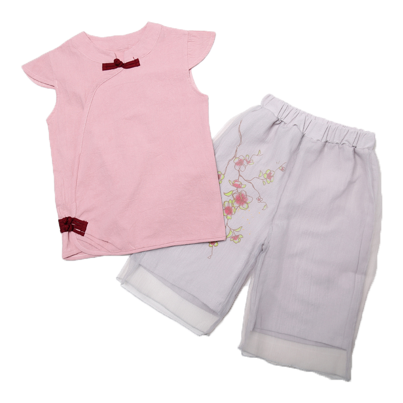 女童洋气套装夏装2018新款女孩衣服儿童夏季宝宝时髦棉麻两件套潮粉红色面料:棉麻