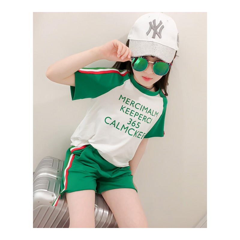 童装女童运动套装夏装2018新款韩版春装儿童大童时髦洋气夏季潮衣邮差绿[预售7天]