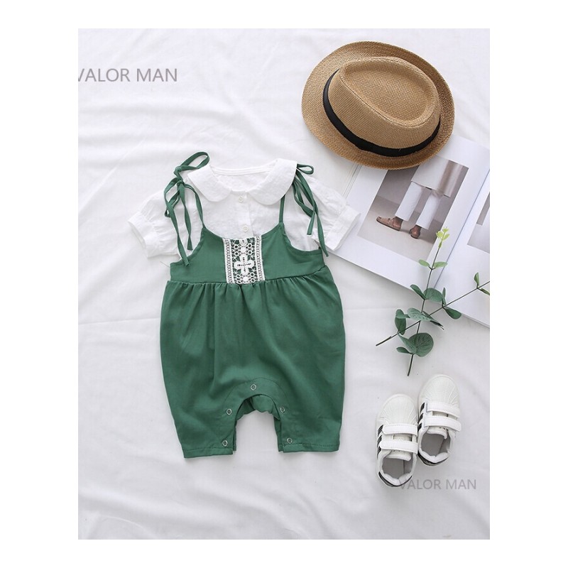 夏季新款女宝宝蕾丝带两件套韩版婴幼童翻领T恤套装