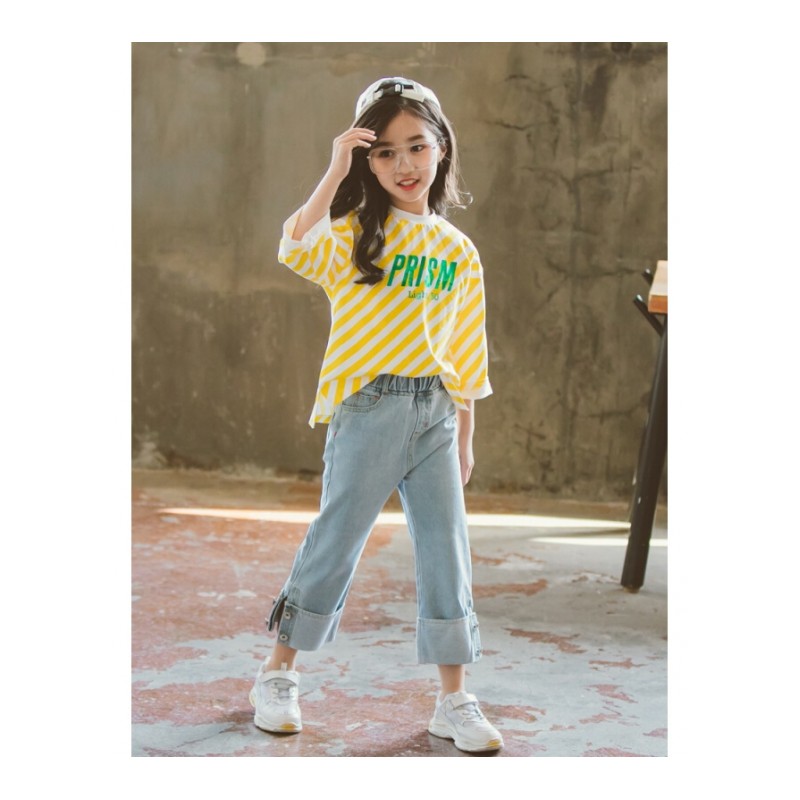 中大童装女童秋装2018新款时髦套装韩版潮衣洋气夏秋季儿童两件套黄色条纹上衣+牛仔阔腿裤『标准尺码』