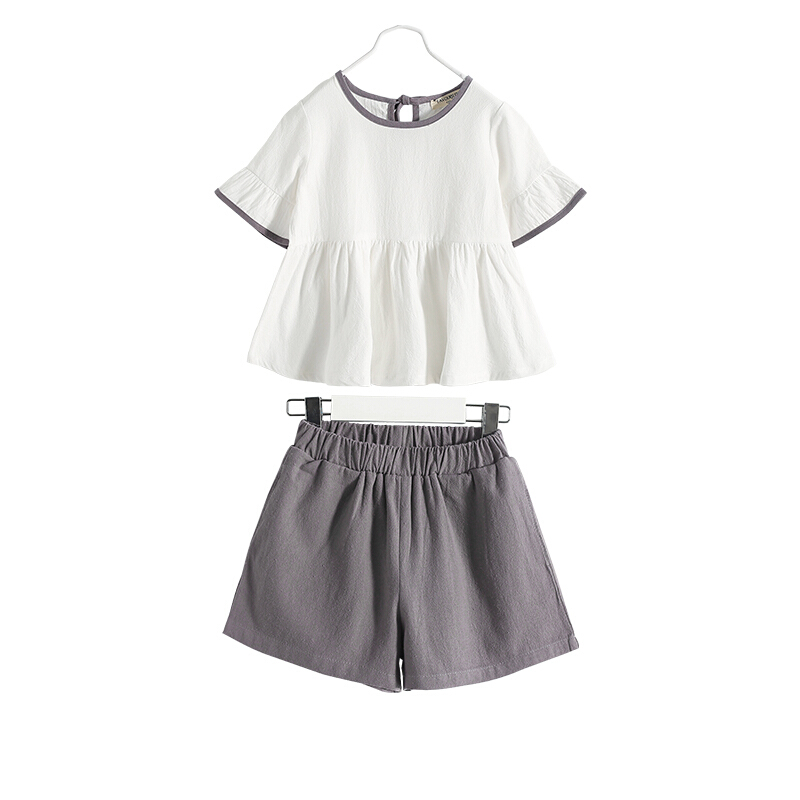 女童套装夏装2018新款韩版时髦洋气中大童儿童棉麻短袖短裤两件套浅米白