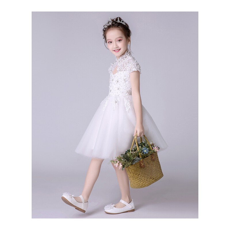 儿童礼服公主裙夏女童钢琴演出服2018新款走秀蓬蓬裙白色花童婚纱白色