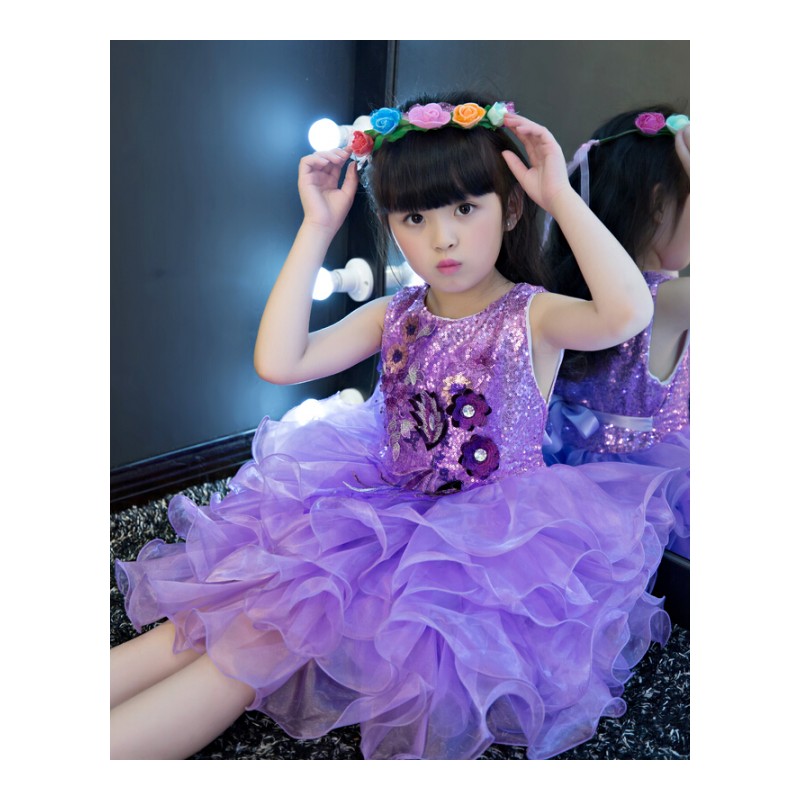 新款儿童公主裙秋季蓬蓬纱裙舞蹈服小孩套装女童时尚晚礼服紫色浅紫色