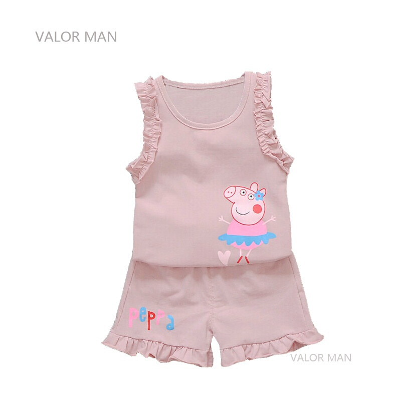 小猪佩奇童装女童夏装2018新款3岁女宝宝背心套装儿童夏季衣服潮黄色佩奇背心套