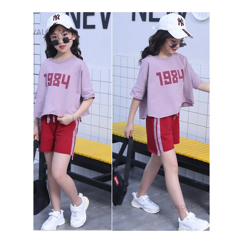 女童2018韩版夏装套装新款童装中大童短袖数字T恤短裤两件套潮流