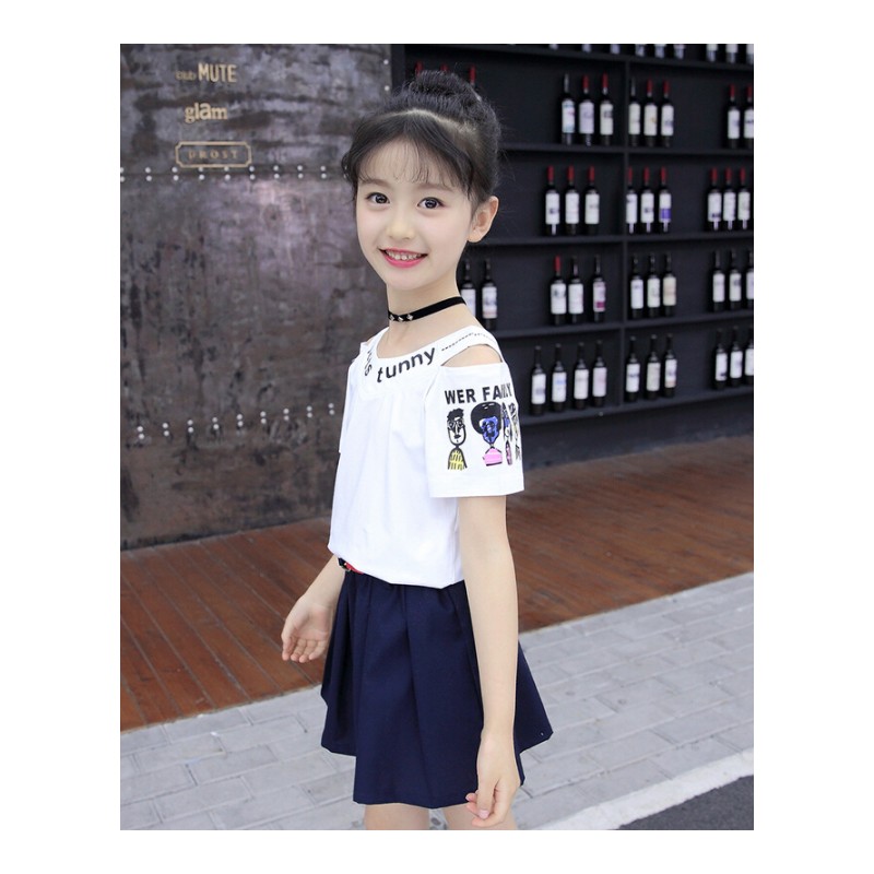 童装女童套装夏装2018韩版时尚洋气薄款短袖儿童套装中大童两件套红色露肩套装裙