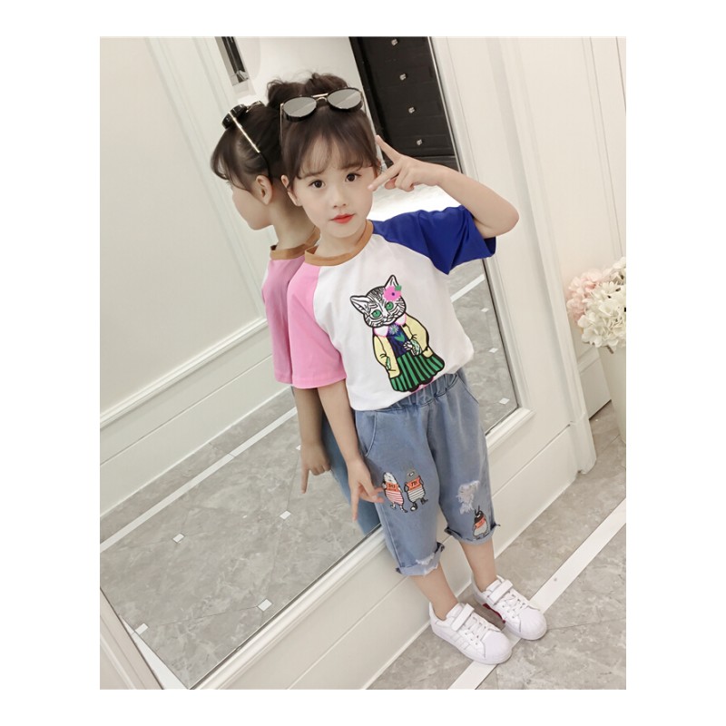 女童夏装2018新款潮套装女洋气韩版时髦童装女孩短袖牛仔裤两件套
