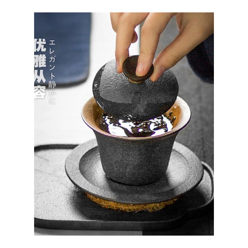 黄砂粗陶大号三才盖碗茶杯陶瓷泡茶碗 实木盖钮茶道碗茶具敬茶碗 粗陶黄砂釉盖碗(木盖钮)D1e