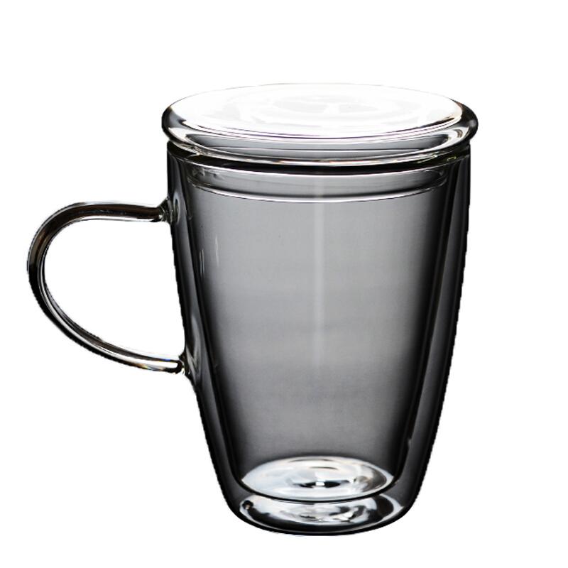 鱼戏 耐热双层玻璃杯带盖茶杯果汁水杯牛奶咖啡带把办公马克杯子 玻璃马克杯+玻璃盖