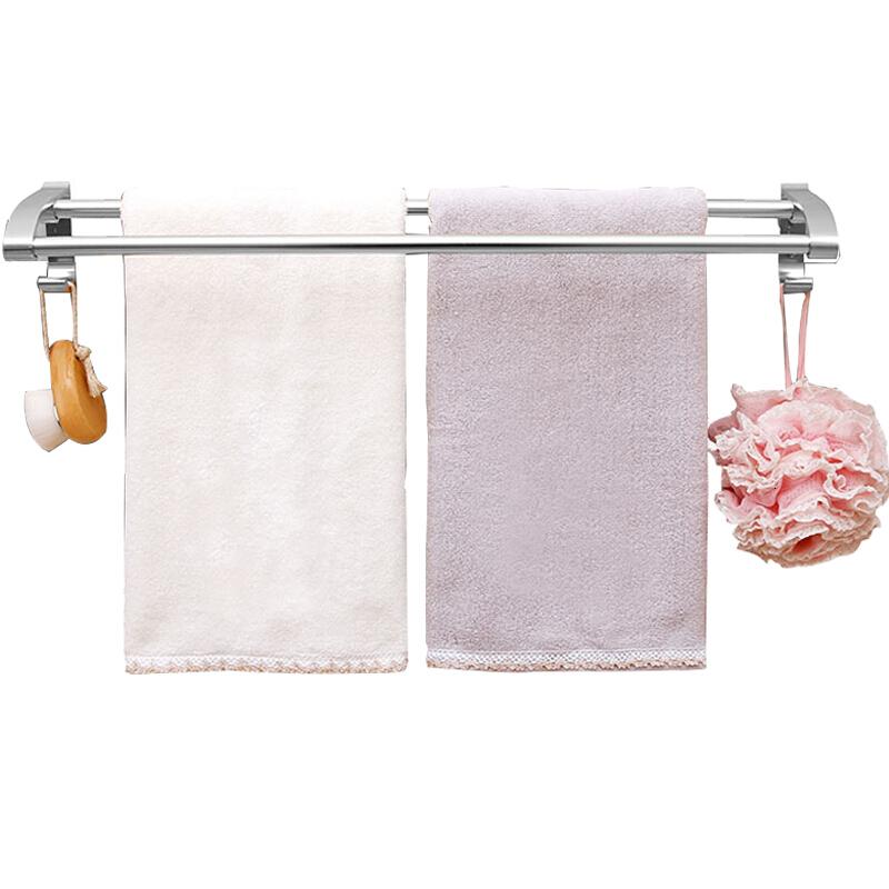 2018浴室挂件卫生间毛巾架太空铝免打孔双杆浴巾架吸壁式毛巾挂架壁挂 银色