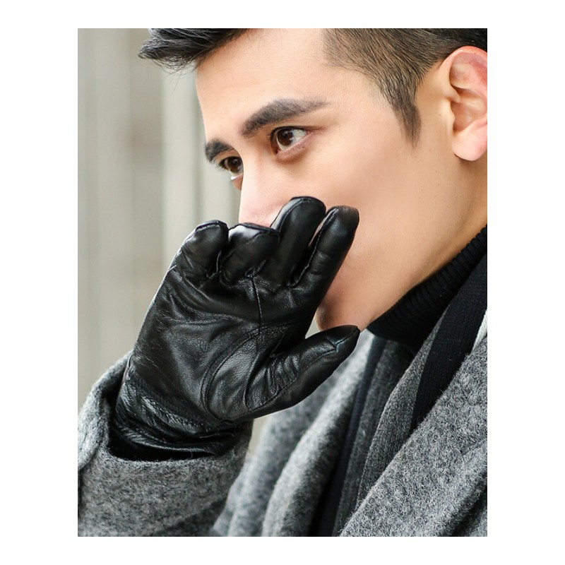 手套皮革面料黑色里衬加绒顺滑腕口松紧设计男士冬季保暖手套 黑色