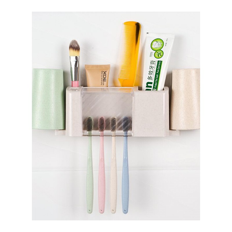 牙刷架塑料材质壁挂免打孔居家浴室墙壁漱口杯牙刷收纳整理架 两小麦杯+牙刷架