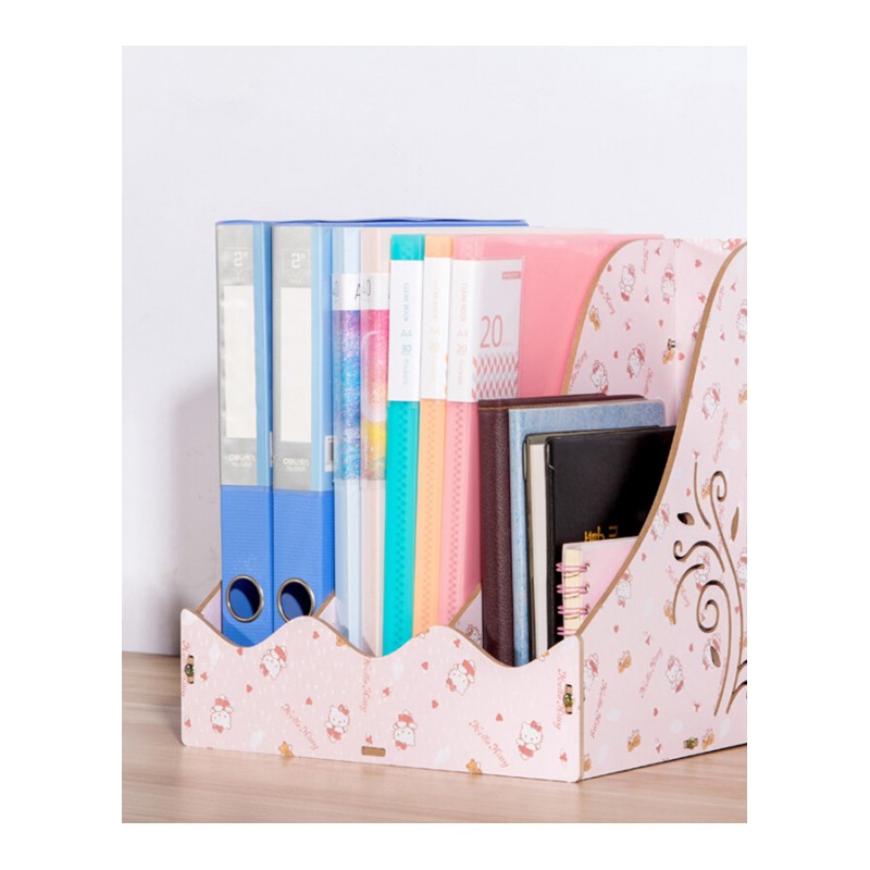 收纳盒木质工艺三格分类镂空花设计办公桌面简易书架档案盒