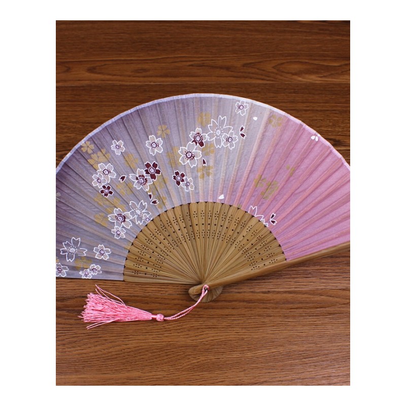 折扇日式夏季纳凉丝绸绫娟彩色印花竹制扇骨折叠随身小礼品扇子粉红松鹤