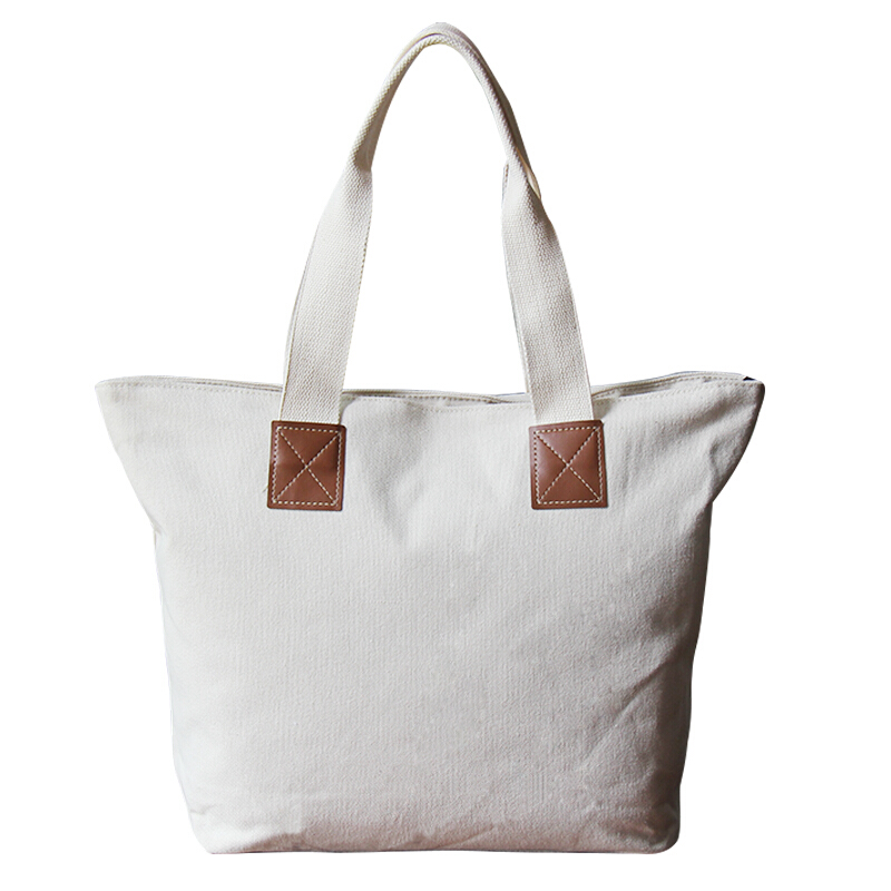 购物袋简约造型加厚棉帆布手拎拉链款女式外出逛街杂物肩包 米白色