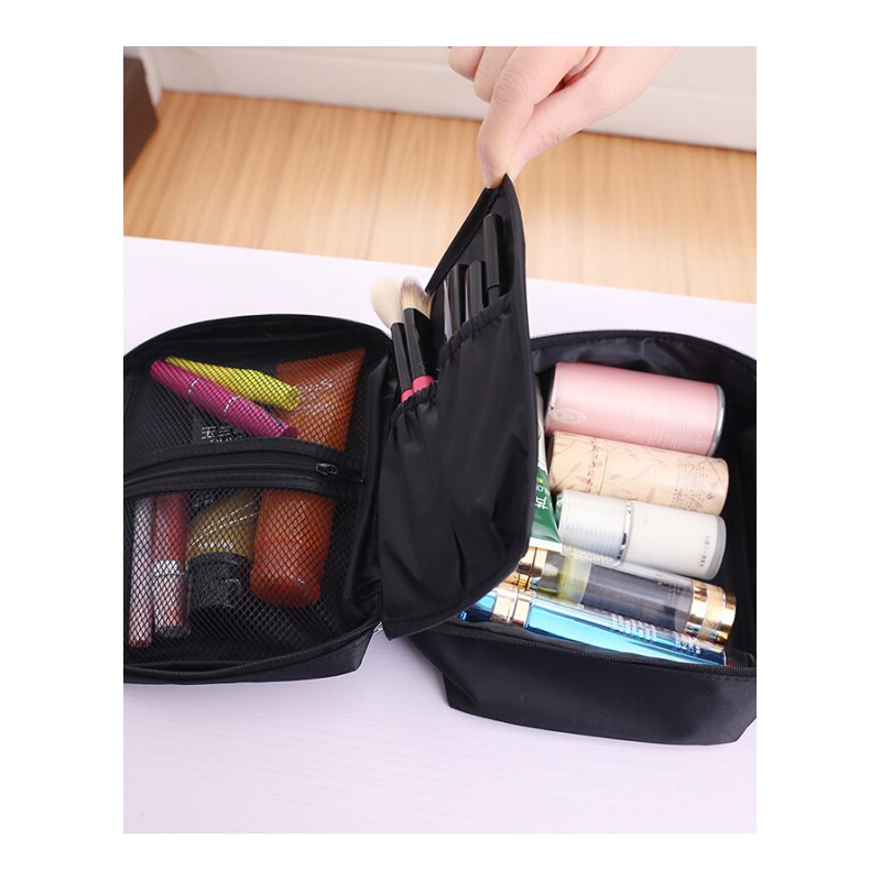 化妆包韩版旅行收纳包多功能大容量黑色便携双层洗漱包防水布简约