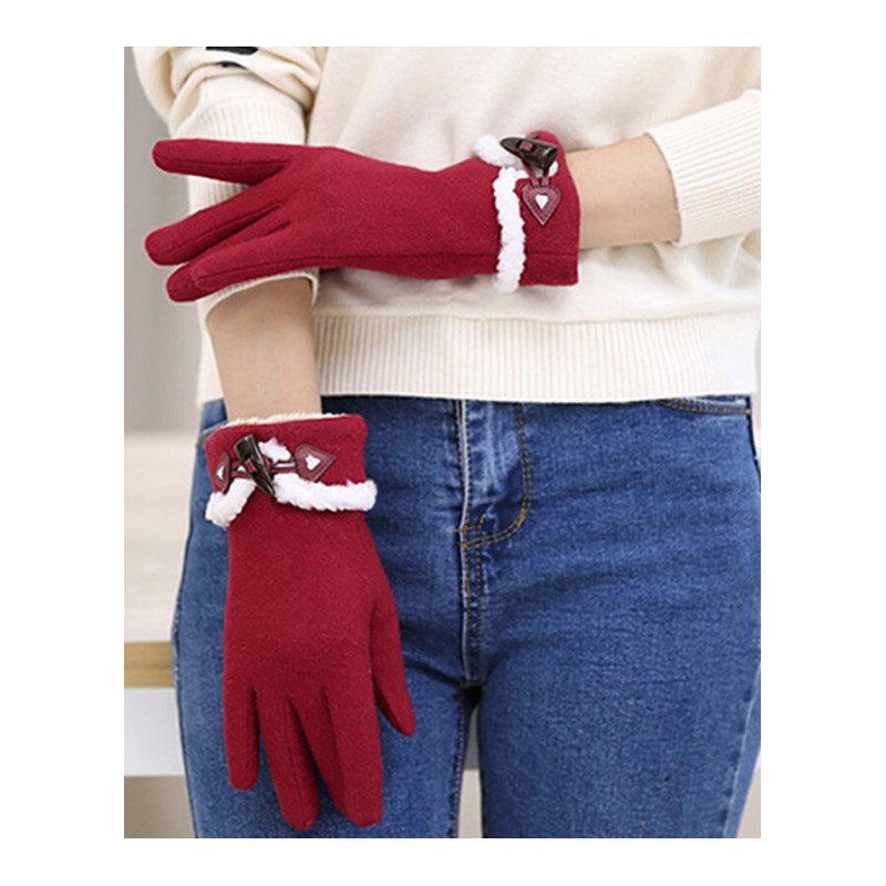 手套可触屏五指款牛角扣装饰加厚毛绒面料女式冬季外出保暖手套灰色均码