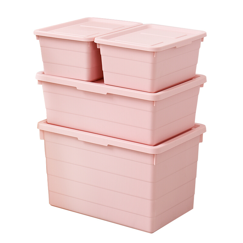 收纳箱单色有盖小号塑料方形卡扣设计家用儿童零食玩具储物箱粉红色(4件套)4件套(2小号+1中号+1大号)