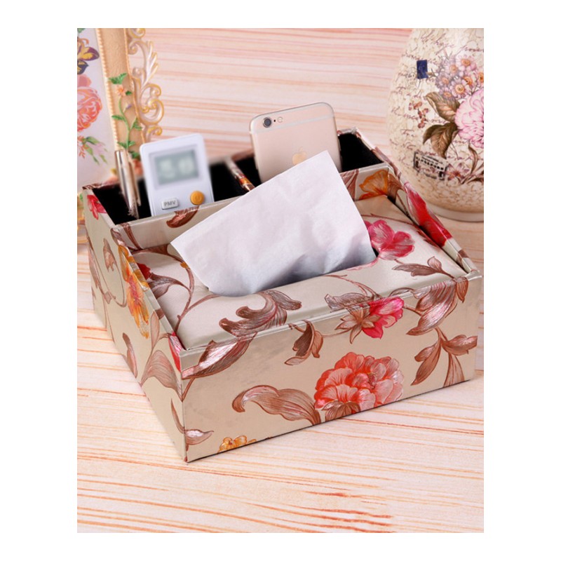 皮质纸巾盒多功能纸抽盒客厅抽纸盒桌面茶几遥控器收纳盒-白格子后二格