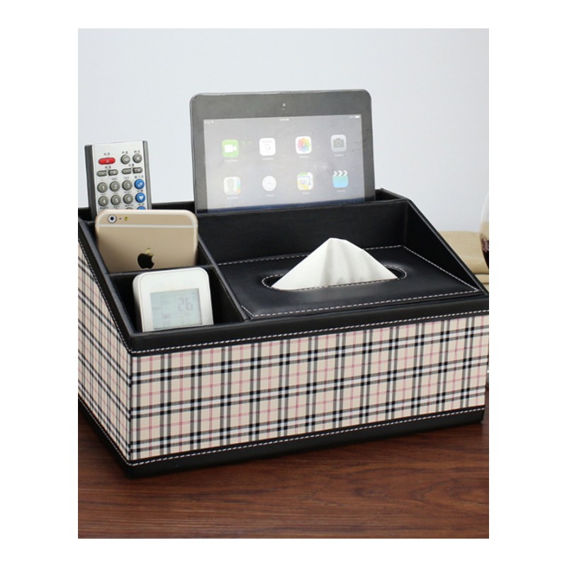 桌面皮革餐巾纸盒收纳盒茶几创意遥控器盒多功能家用纸巾盒-格纹