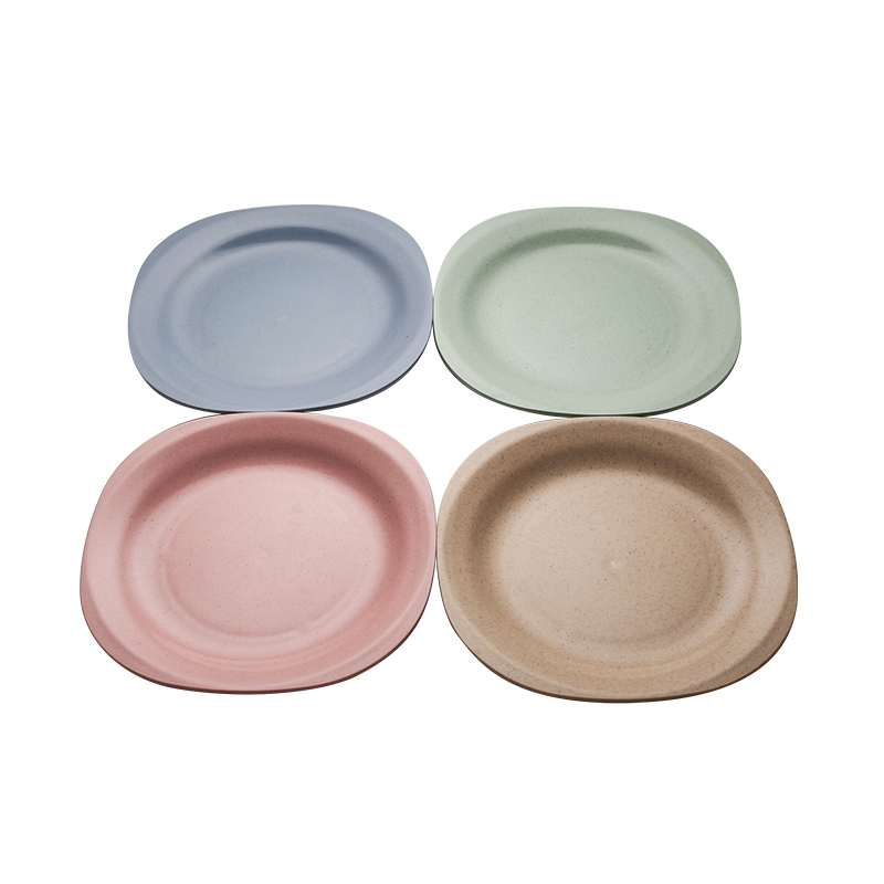 家用菜碟塑料方形果盘创意餐具盘子小麦秸秆菜盘四个套装-四色混搭