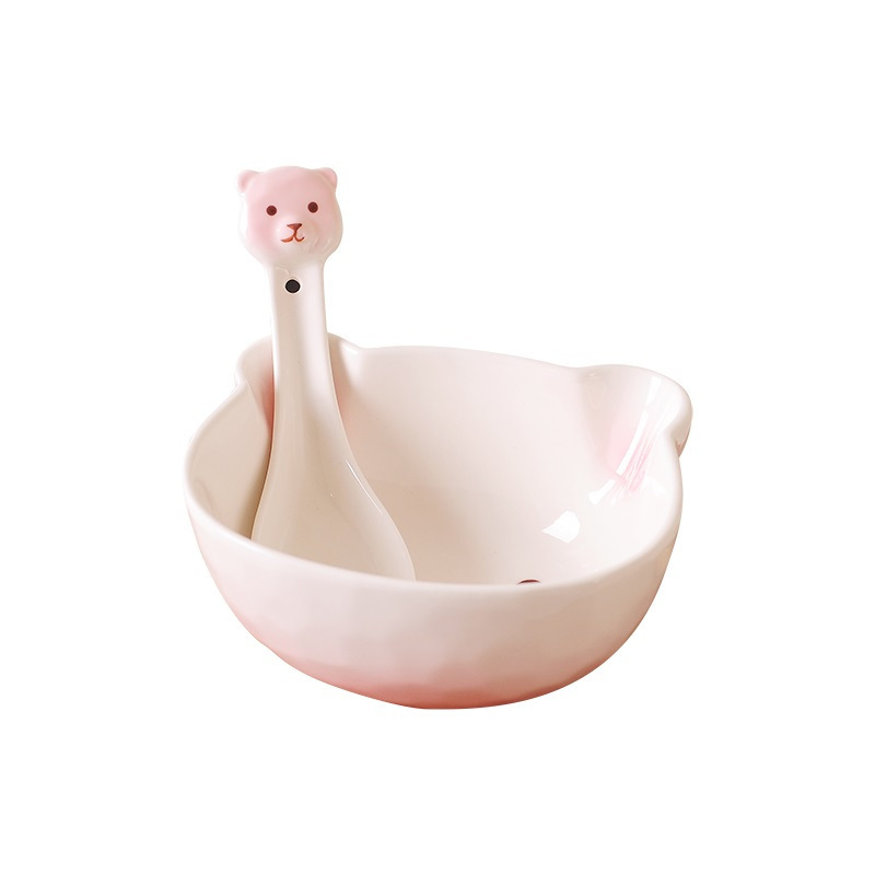 卡通陶瓷碗宝宝家用吃饭碗汤碗可爱儿童碗筷套装学生早餐碗-白色3件套(碗+勺+筷)