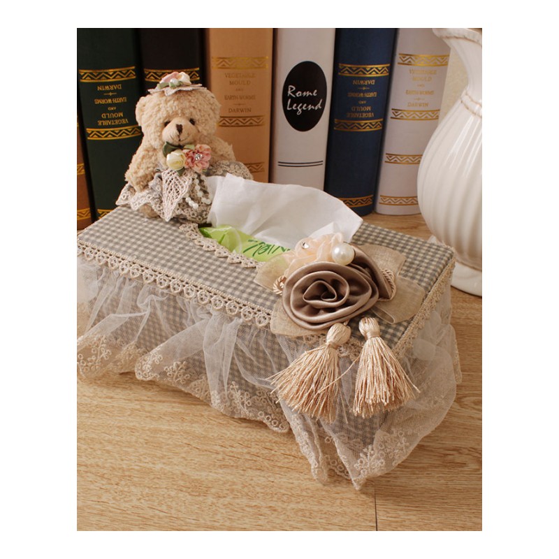 简约蕾丝餐巾纸盒客厅家用纸巾盒桌面纸抽盒车用创意抽纸盒-长形木筐项链熊咖色格纹