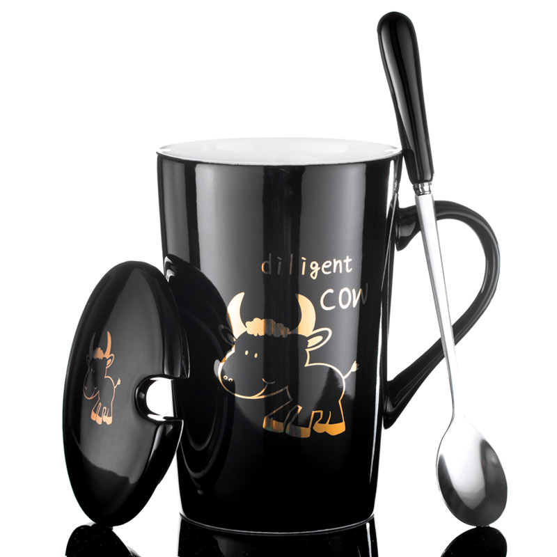 创意十二生肖可爱陶瓷杯子文艺水杯卡通马克杯带盖勺咖啡个性茶杯