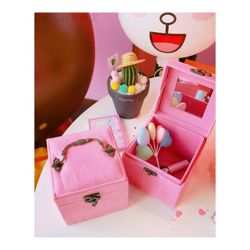 18新款时尚原宿卧室少女心粉色方形桌面首饰盒耳钉收纳盒饰品收纳箱好品质 粉红色