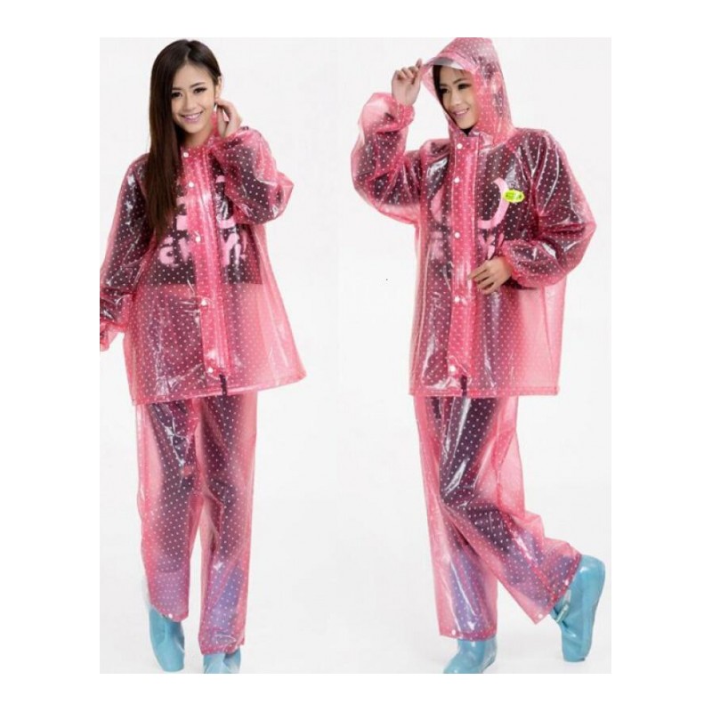 18新款透明雨衣雨裤套装时尚男女透明加厚骑行户外旅行雨衣分体粉色