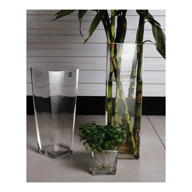 18新款玻璃透明简约现代客厅水培富贵竹水竹时尚创意餐桌大小花器方花瓶