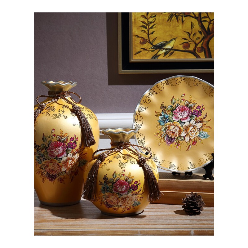 18新款创意美式陶瓷花瓶摆盘三件套简约欧式家居客厅装饰手工艺品摆件