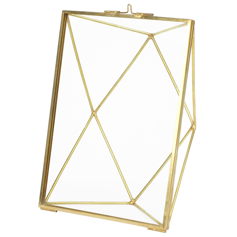18新款3D立体复古玻璃相框透明金属铜植物标本框画框欧摆台相架照片架折叠式相框金色8寸7寸