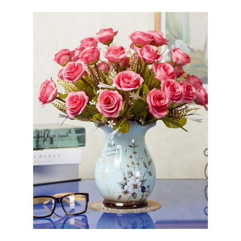 18新款欧式仿真花束玫瑰绢花套装摆件客厅室内装饰摆件餐桌塑料假花干花乳白色3红玉兰+金林斯