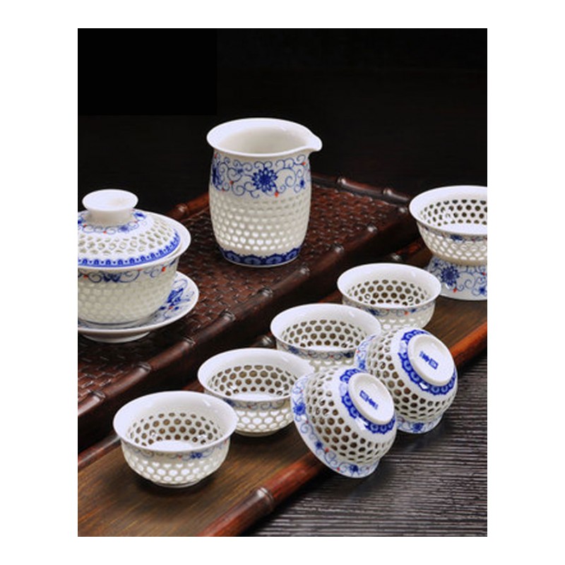 蜂窝玲珑茶具套装家用功夫镂空茶杯青花瓷礼盒陶瓷景德镇整套多色生活日用家庭清洁生活日用家居器皿水具/水杯