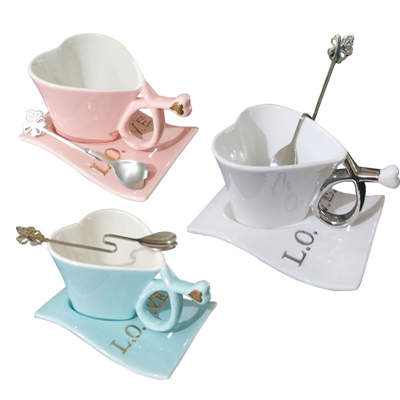 心形咖啡杯创意情侣杯子陶瓷杯带杯蝶水杯生日结婚七夕节礼品多款多色创意生活日用家居器皿水具水杯酒杯