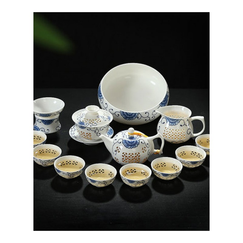 青花瓷玲珑茶具套装蜂窝镂空陶瓷功夫茶具冰晶蜂巢茶壶茶杯多色多款生活日用家庭清洁生活日用家居器皿水具/水杯