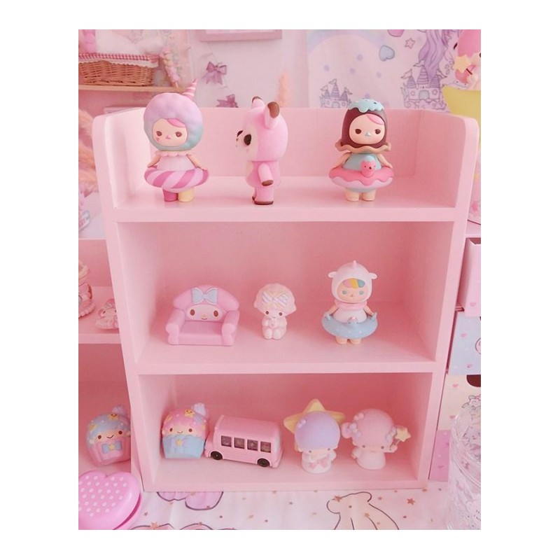 三层少女心木制置物架 双层化妆品收纳盒 娃娃桌面粉色收纳展示柜