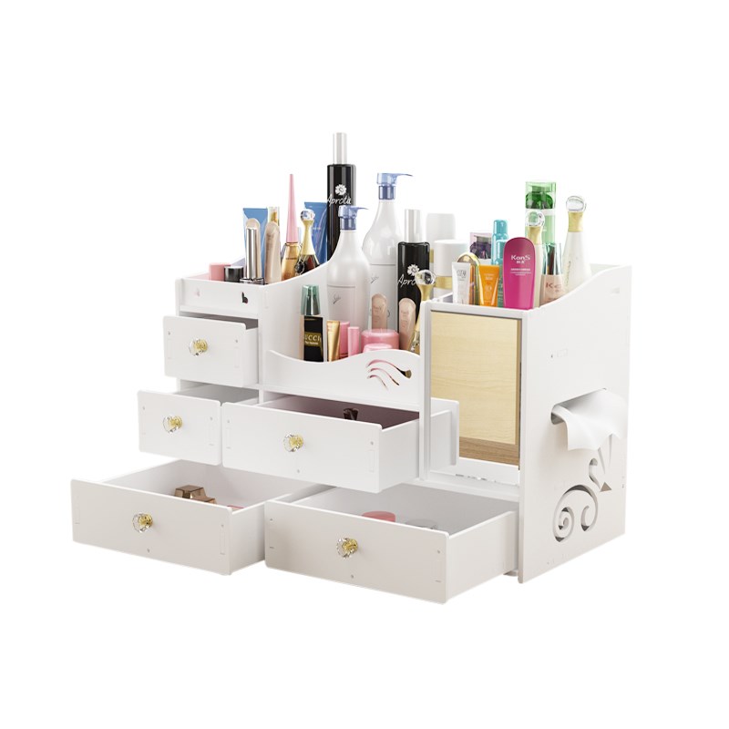 欧式桌面化妆品收纳盒塑料家用整理盒简约梳妆台带镜子置物架迷你