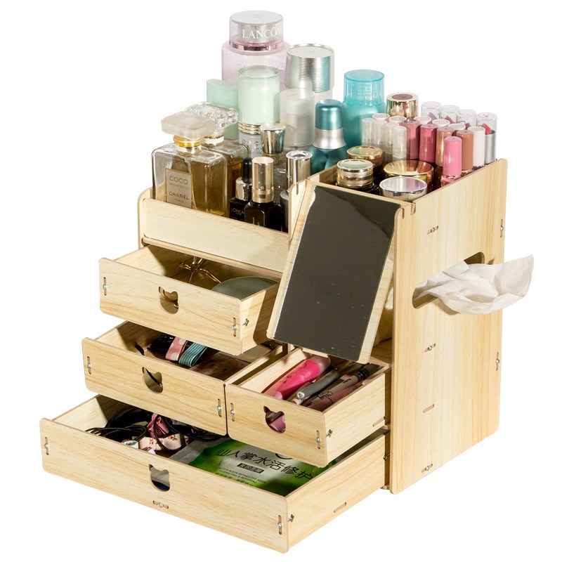 化妆品收纳盒带卧室多层镜子梳妆台木制置物架家用护肤品简约