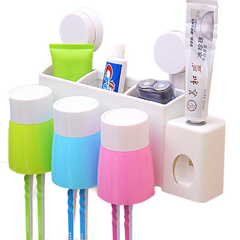 吸盘挂壁式牙刷架漱口杯套装(3口之家)刷牙杯带自动挤牙膏器洗漱套装