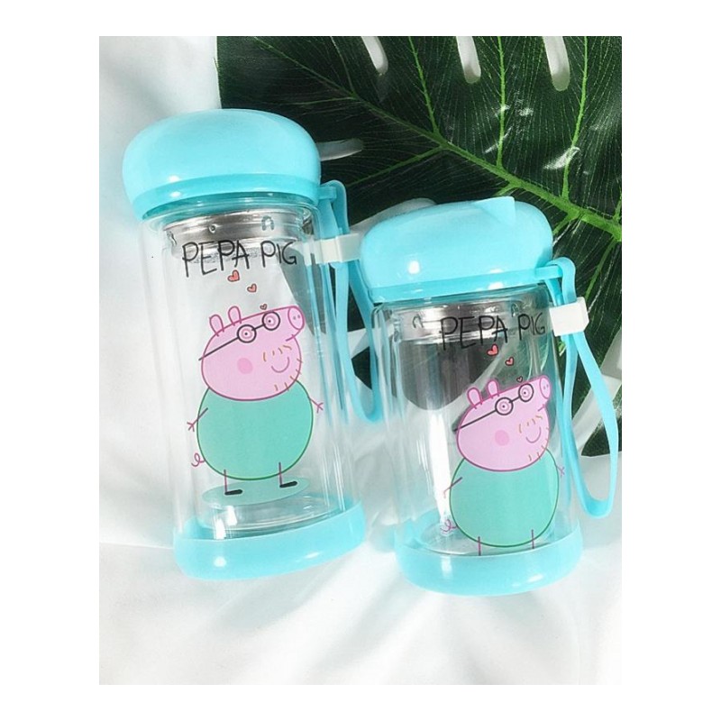 创意可爱卡通小猪佩奇双层玻璃杯子便携带盖学生儿童茶隔随手水杯