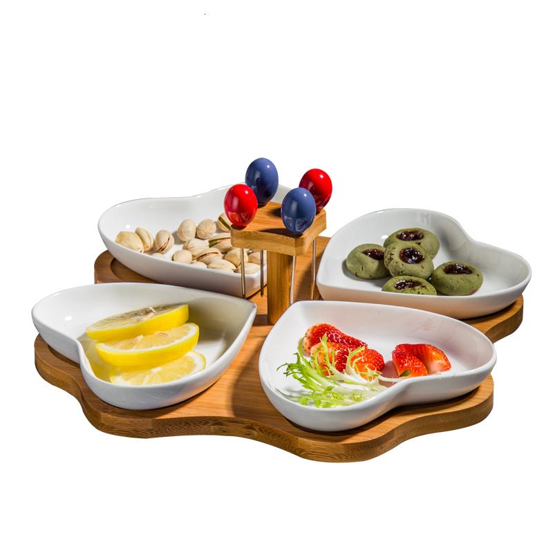 创意心形陶瓷配竹座 水果拼盘菜盘分格盘零食盘小吃盘托盘餐具