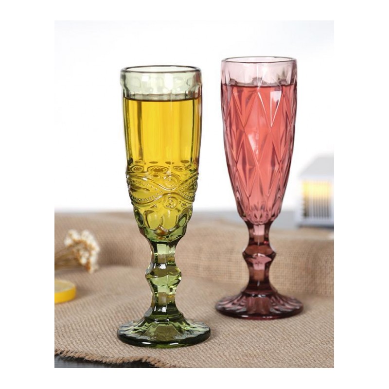 [三只装]复古彩色浮香槟杯创意果汁杯玻璃高脚杯红酒杯酒具