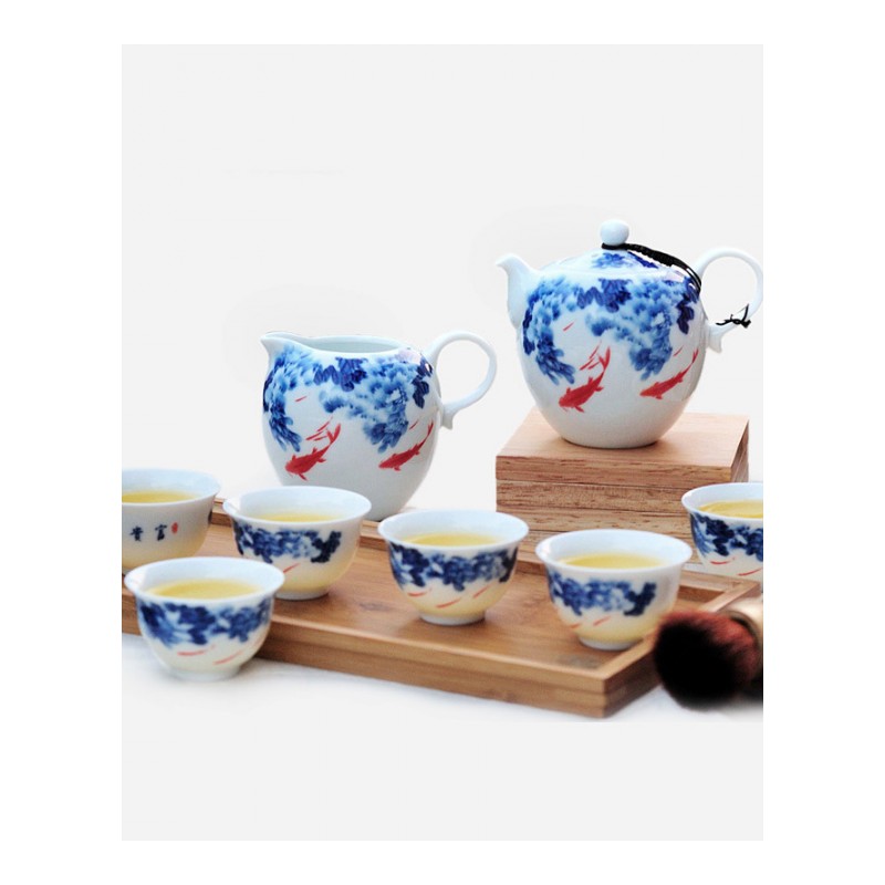 (8件套)茶具 陶瓷故事 青花瓷茶具套装 富贵有余茶壶半组 功夫茶具