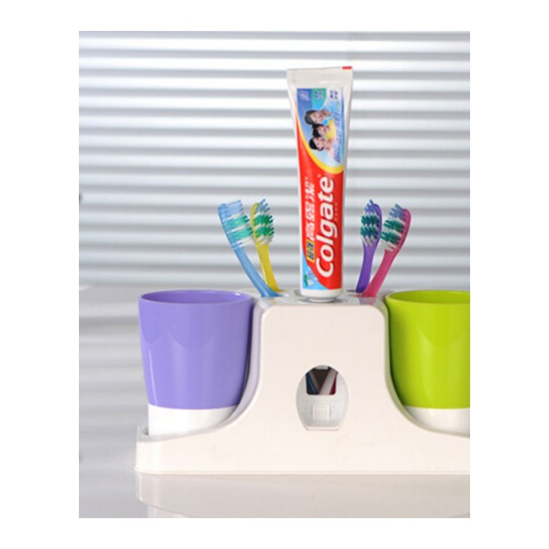 自动挤牙膏器 创意情侣家居牙刷挂架 牙刷架洗漱用品--粉+蓝