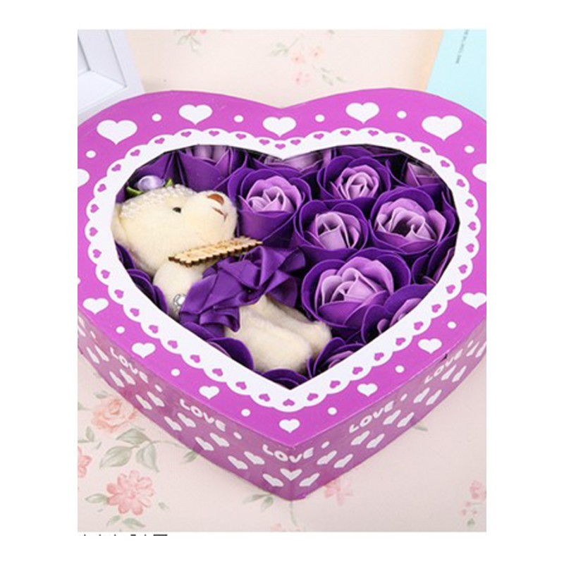 香皂 浪漫礼品毛绒小熊心形玫瑰香皂花(20朵)--紫色
