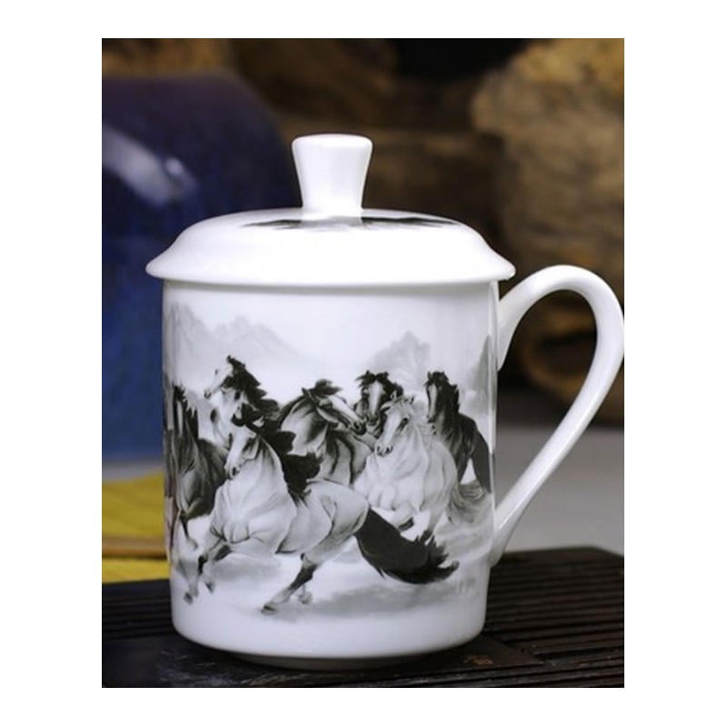 茶杯陶瓷家用带盖大水杯办公室杯子个人杯青花通用简约便携水杯茶杯奶茶杯牛奶杯水具