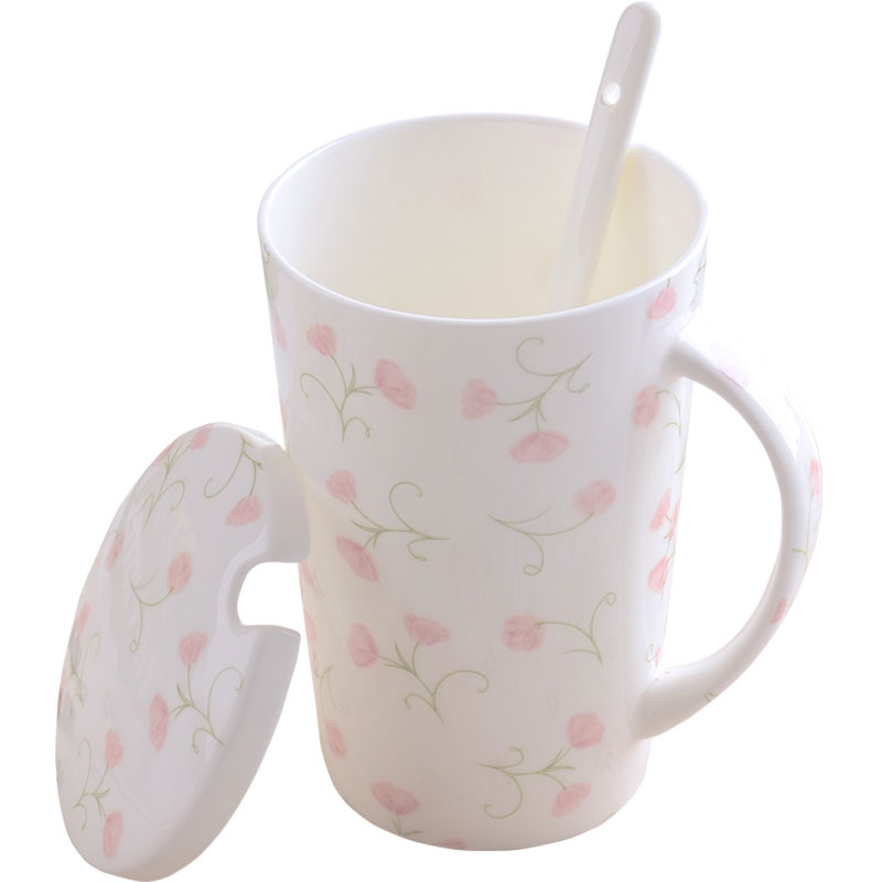马克杯 家用大容量喝水杯 带莲花图案的水杯女杯子陶瓷带盖勺通用简约茶杯水杯日用